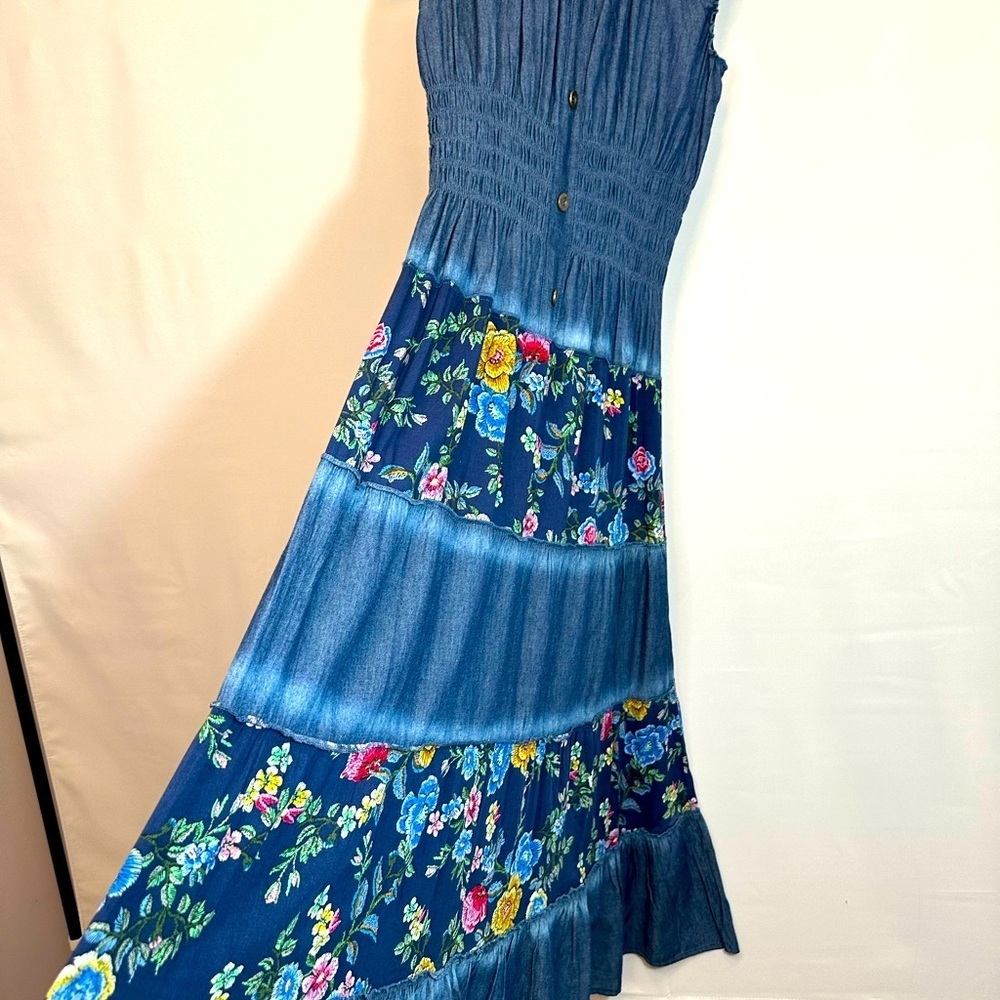 Lapis Anthropologie Womens Maxi Dress Size M Boho Floral Sleeveless Denim Style